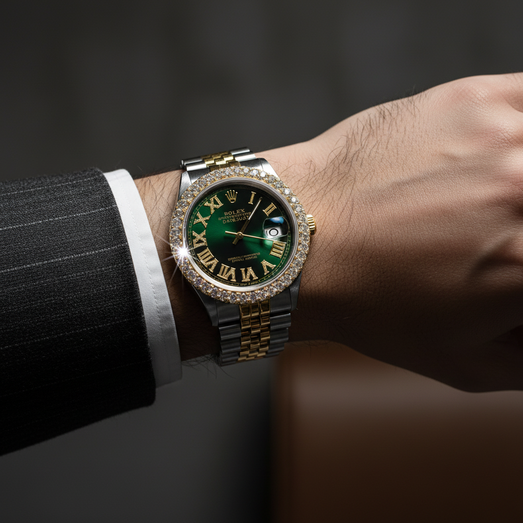 Rolex Datejust Green Diamond on Wrist