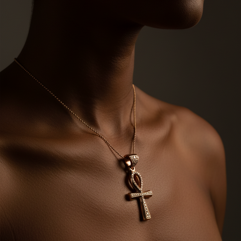 Rose Gold Ankh Pendant – Lifestyle Neck Shot 2