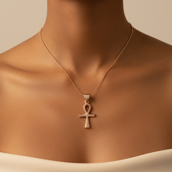Rose Gold Ankh Pendant – Lifestyle Neck Shot
