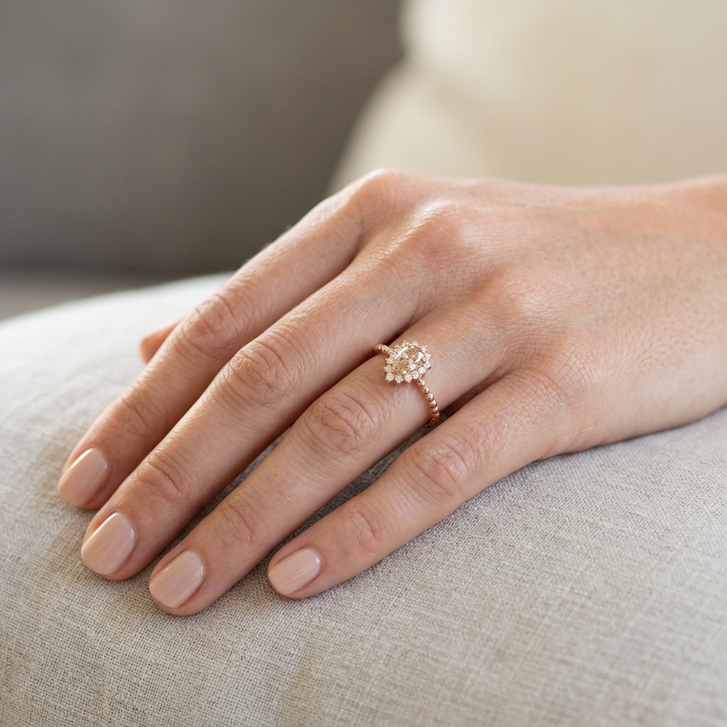 Rose-gold champagne diamond ring on a woman's finger
