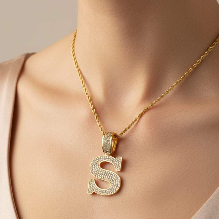 S pendant worn on a woman's neck