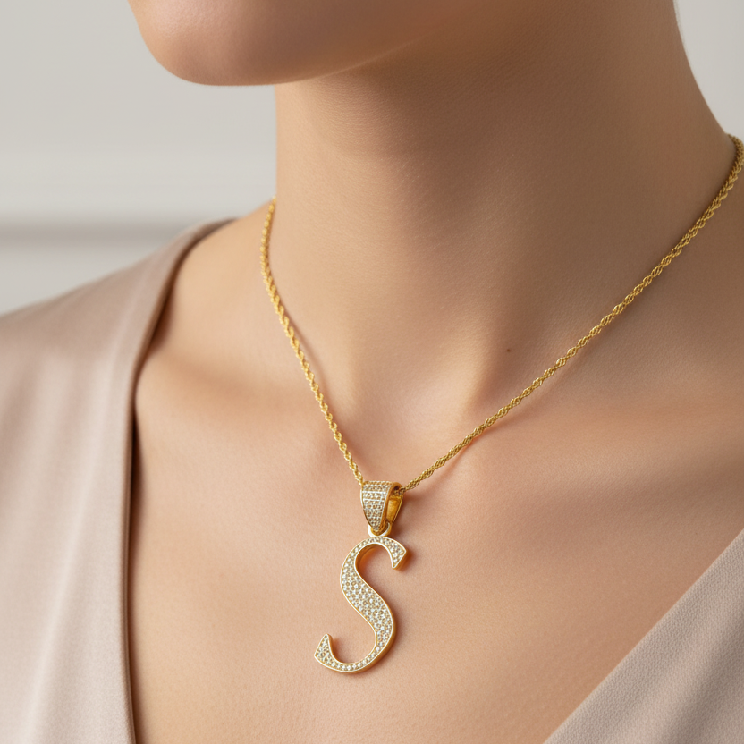 S pendant worn on a woman's neck