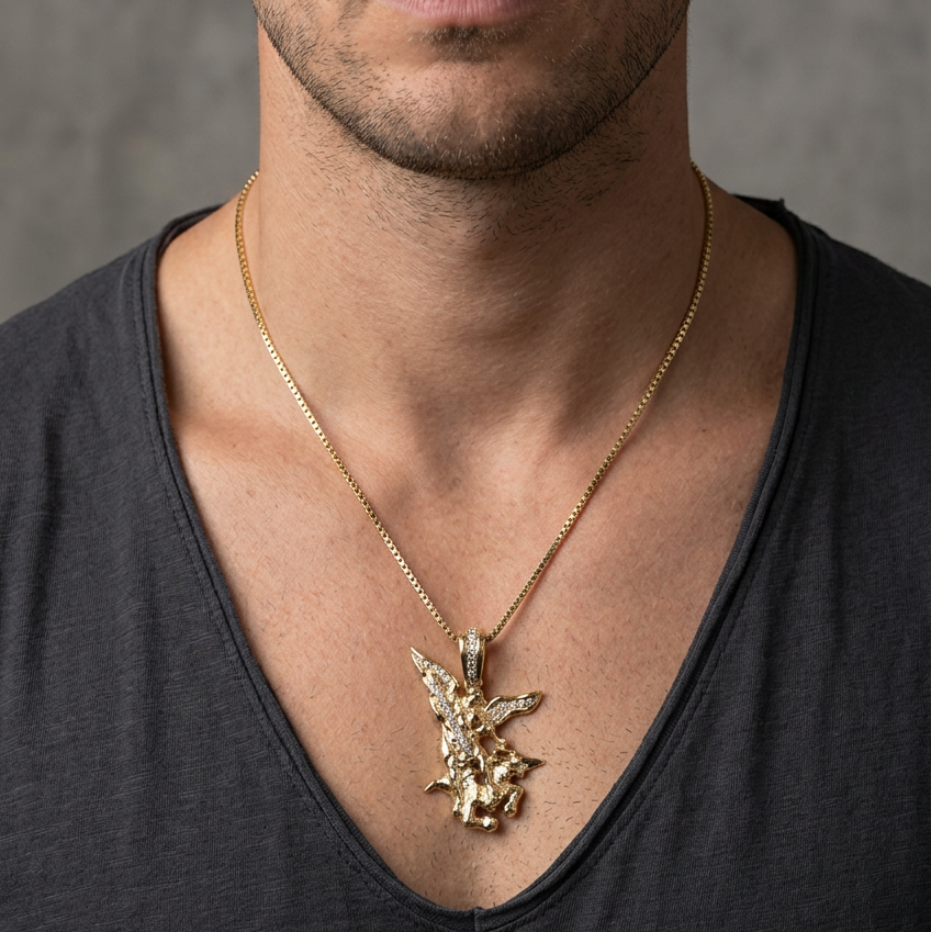 Saint Michael pendant on a man’s neck, zoomed out