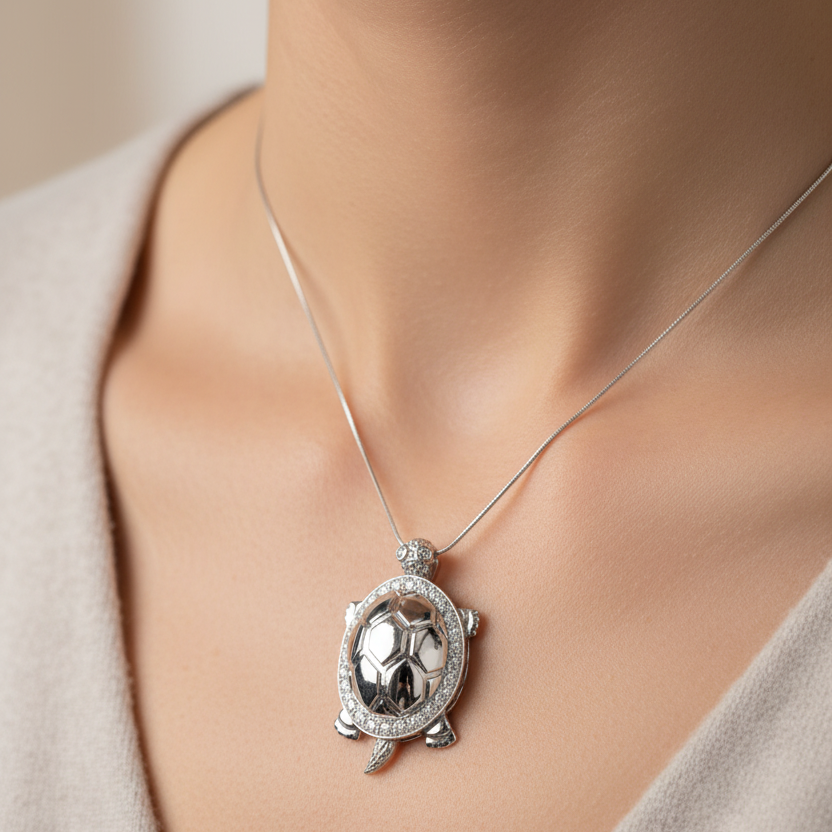 Turtle pendant on a woman’s neck