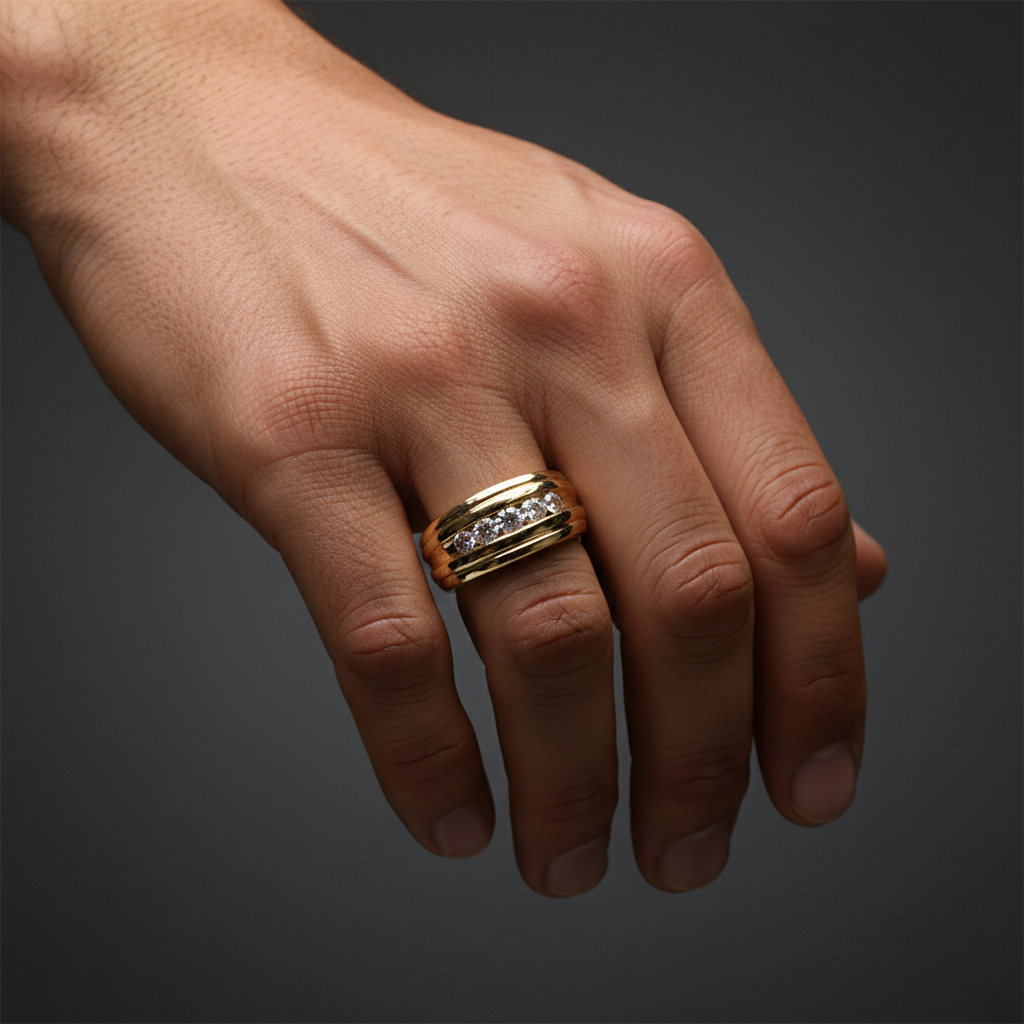 Wide Diamond Band on Men's Finger