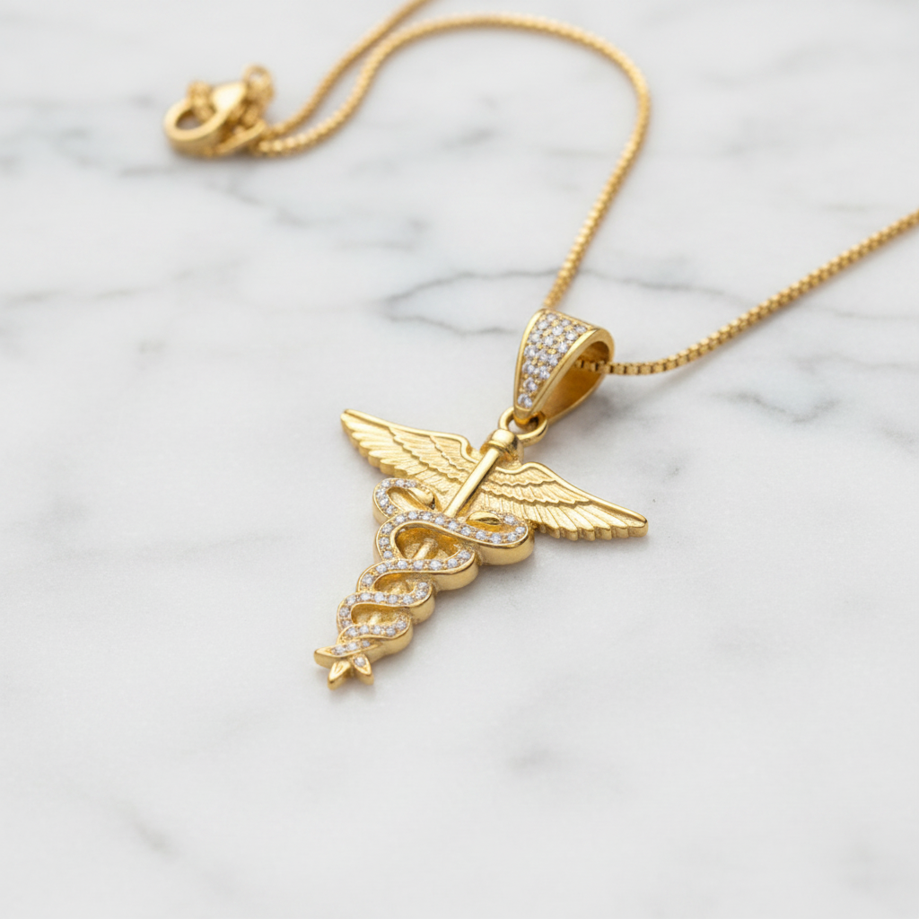 Yellow Gold Caduceus Pendant on Marble