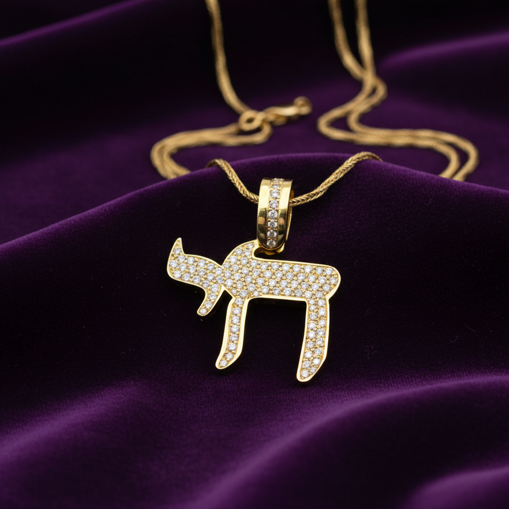 Yellow gold Chai on purple velvet