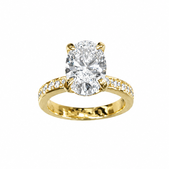 Zoomed out enhanced yellow gold oval diamond ring