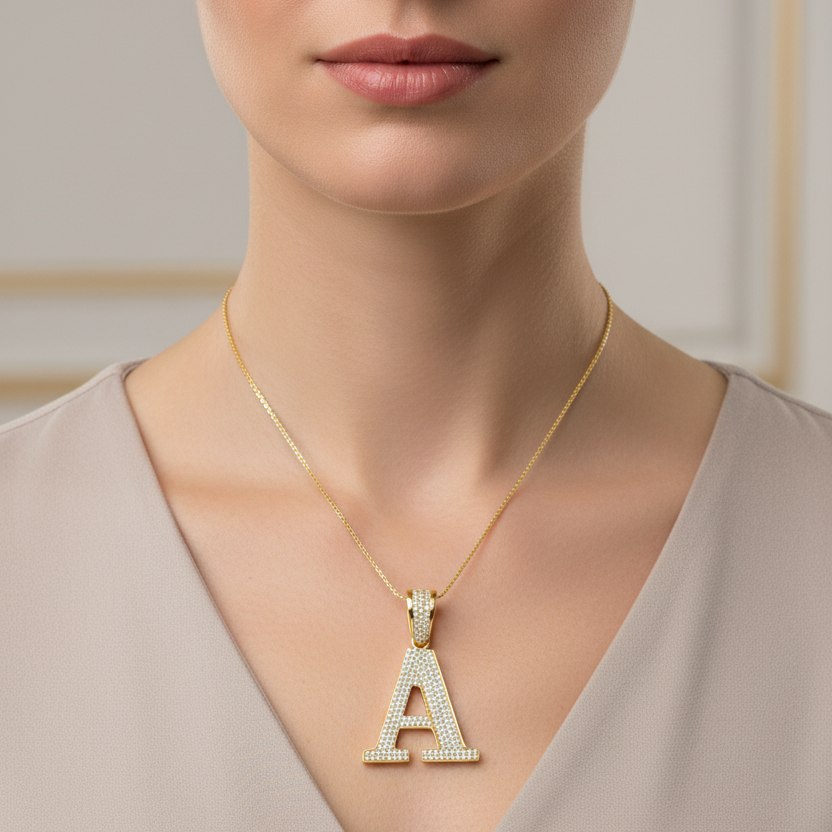 Zoomed-out women’s neck shot with A pendant